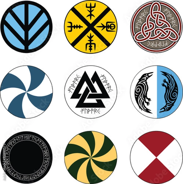Fototapeta Design of nine Scandinavian Viking shields. Realistic illustration.