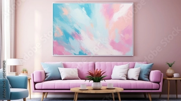 Fototapeta Abstract pastel color stain brushstroke background banner illustration - Pink blue art oil and acrylic smear blot canvas painting wall texture pattern, Generative AI