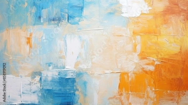 Fototapeta Closeup of abstract rough colorful blue orange multicolored art painting texture, with oil or acrylic brushstroke, pallet knife paint on canvas, Generative AI