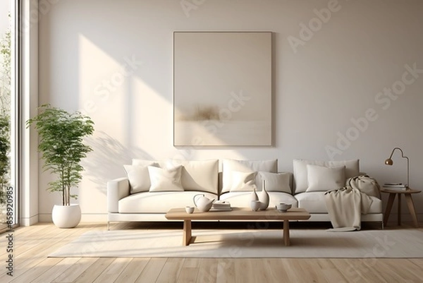 Fototapeta Interior of modern living room with white walls, wooden floor, comfortable sofa and coffee table.