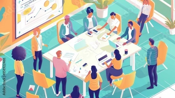 Fototapeta This image shows a diverse group of people working together around a large table in a modern office. The table is filled with laptops, papers, and other work materials. The group is engaged in a colla