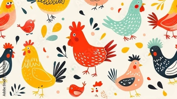 Fototapeta A seamless pattern with chickens and other animals.