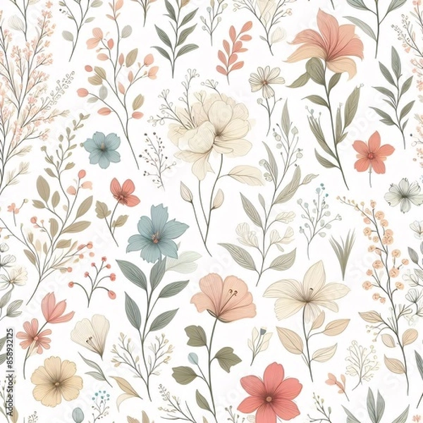 Fototapeta  Hand-drawn Floral Seamless Pattern on White Background