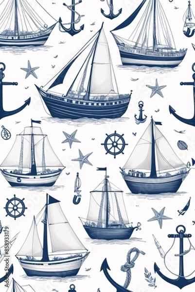 Fototapeta Seamless Nautical Pattern on White Background