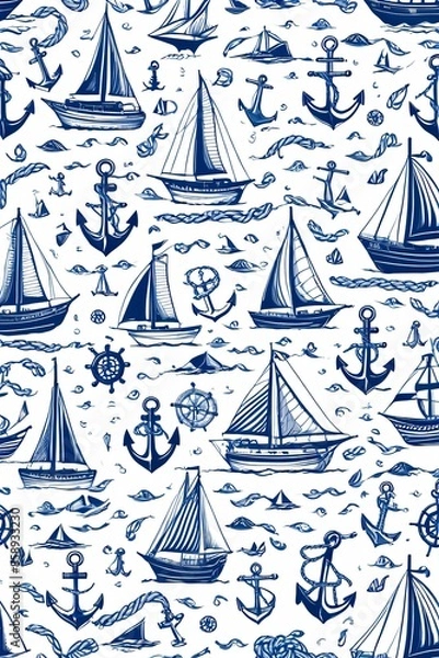Fototapeta Seamless Nautical Pattern on White Background