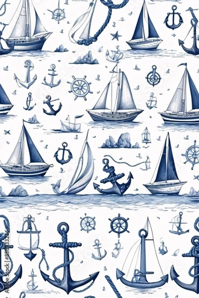 Fototapeta Seamless Nautical Pattern on White Background