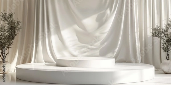 Fototapeta White Platform Display with Draped Fabric and Plants