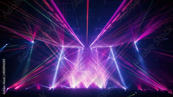 Fototapeta Closeup of laser equipment for lasershow in club, disco, nightclub or on a festival, with colorful laser beams rays, in the dark black night, Generative AI
