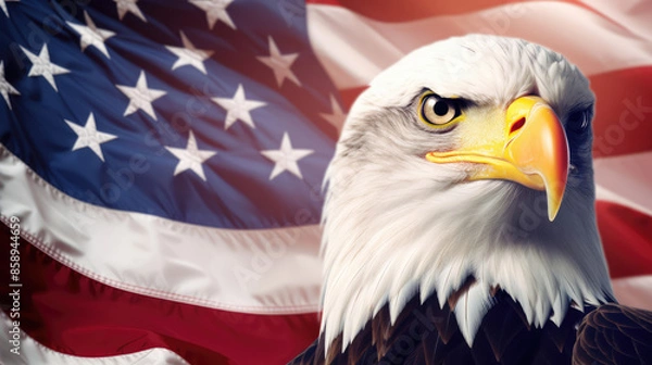 Fototapeta Holiday independence day celebration USA America banner panorama - Closeup portrait head of bald eagle, with defocused american flag in th background, Generative AI