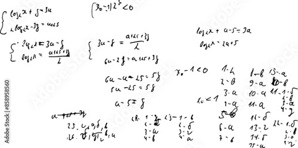 Fototapeta Set of mathematical formulas and solutions to problems and equations. Homework of a student. Vector image of algebra and geometry tasks.	
