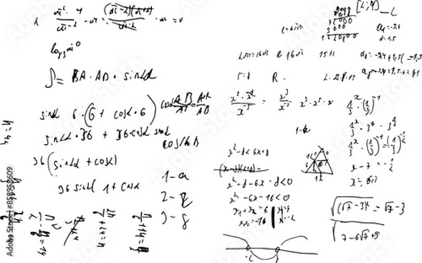Fototapeta Set of mathematical formulas and solutions to problems and equations. Homework of a student. Vector image of algebra and geometry tasks.	
