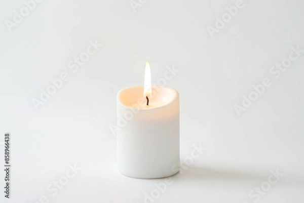 Obraz Single burning candle on white background