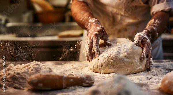Obraz baker passionately kneading dough on a flour-dusted countertop, meticulous and artisanal, in the style of mastery, with warm and inviting tones, close-up shot, stock photo