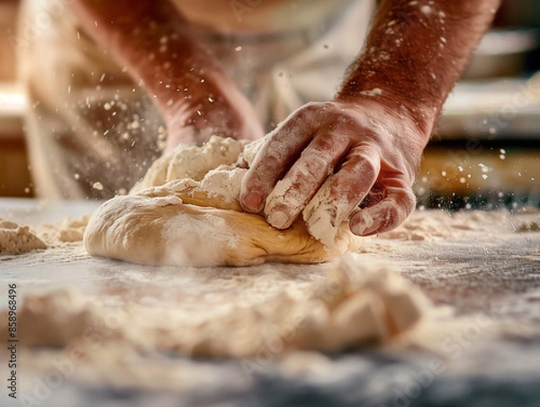 Obraz baker passionately kneading dough on a flour-dusted countertop, meticulous and artisanal, in the style of mastery, with warm and inviting tones, close-up shot, stock photo