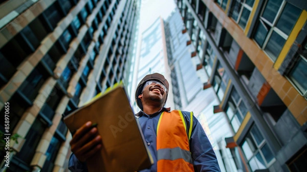 Fototapeta an engineer smiles happily while carrying a notebook, the background of the tall building is slightly blurred, Ai generated Images
