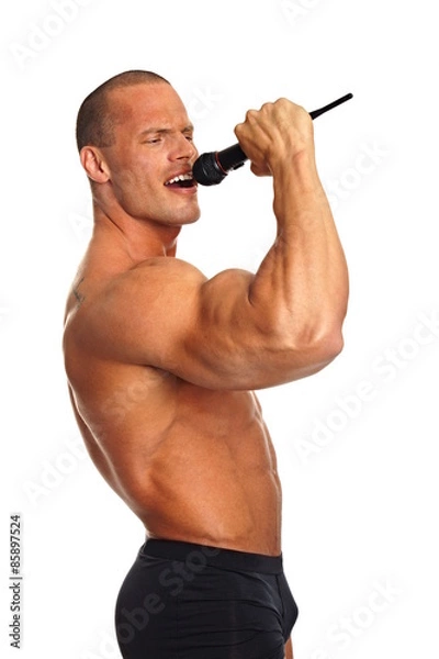 Obraz Karaoke with muscle man shirtless on white background 