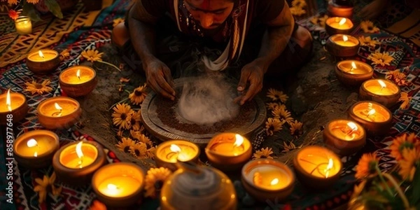 Fototapeta A man is lighting candles in front of a fire.