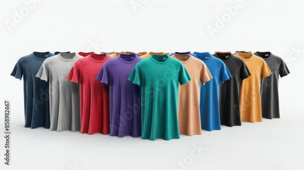 Fototapeta A row of colorful t-shirts in various hues neatly displayed against a white background, showcasing a vibrant array of choices.