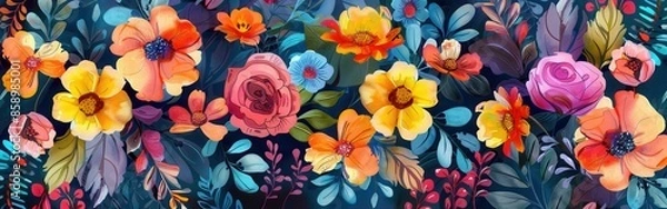 Fototapeta A digital watercolor illustration featuring a colorful bouquet of flowers with yellow, orange, pink, and blue blossoms. The flowers are arranged in a repeating pattern against a dark blue background, 