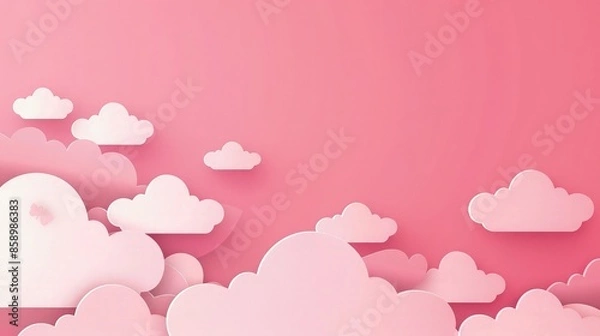 Fototapeta Light pink clouds on pink sky background paper cut style.
