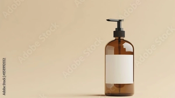 Obraz Minimalist scene featuring an amber glass bottle with a black pump dispenser