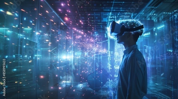 Fototapeta Man wearing a VR headset, engaging with dynamic and colorful data streams. The scene is illuminated with vibrant blue and pink lights, representing futuristic technology