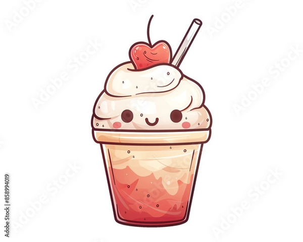 Fototapeta A cute cartoon milkshake with a cherry on top and a straw, smiling happily. isolated on transparent and white background.
