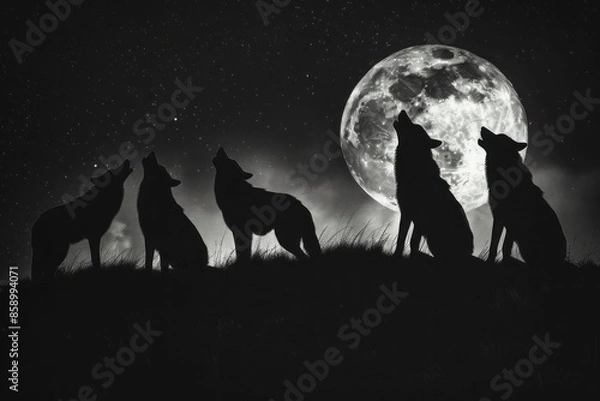 Fototapeta A pack of wolves howling at a crescent moon, their silhouettes stark against the night sky.