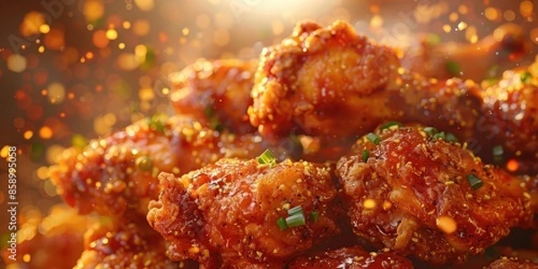 Fototapeta Closeup of Spicy Glazed Chicken Wings with Green Onions