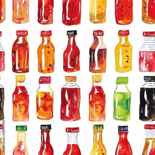 Fototapeta This watercolor pattern features a repeating design of colorful glass bottles, each filled with a different liquid. The bottles are arranged in a grid pattern, creating a vibrant and visually appealin