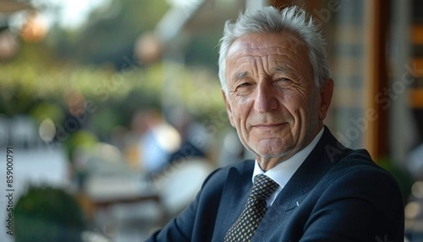 Obraz Portrait of a Confident Senior Businessman in a Suit Outdoors with a Blurred Background