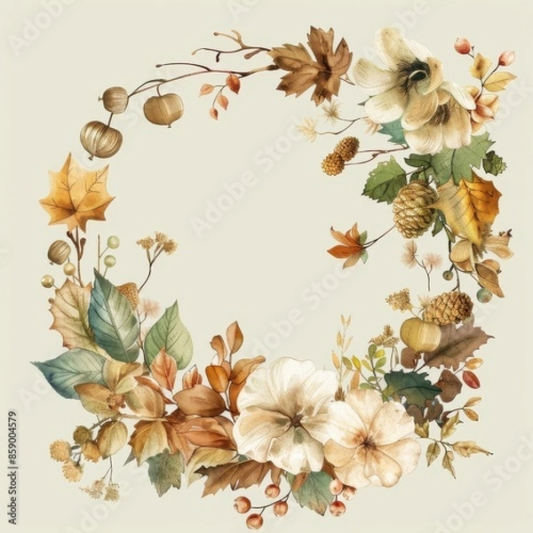 Fototapeta A watercolor illustration of an autumn floral wreath with white flowers, leaves, berries, and pine cones. The wreath is depicted against a light beige background.