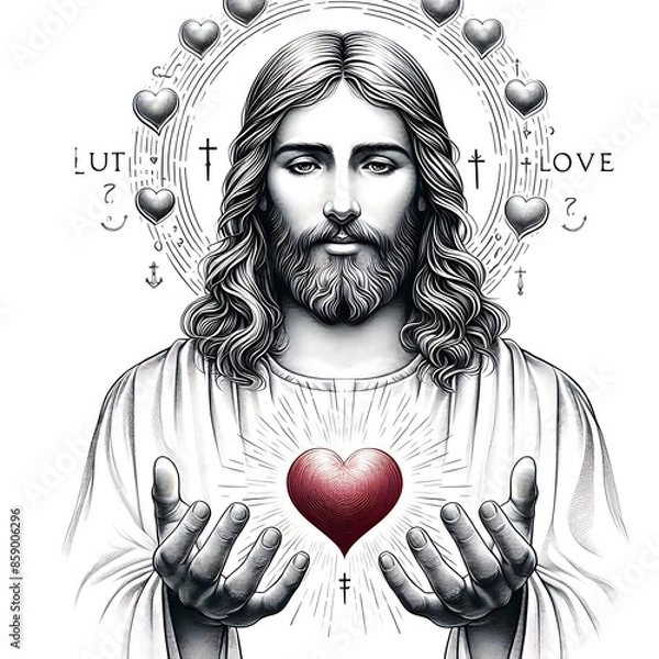 Fototapeta A of a Jesus christ design graphic holding a heart relevant professional.