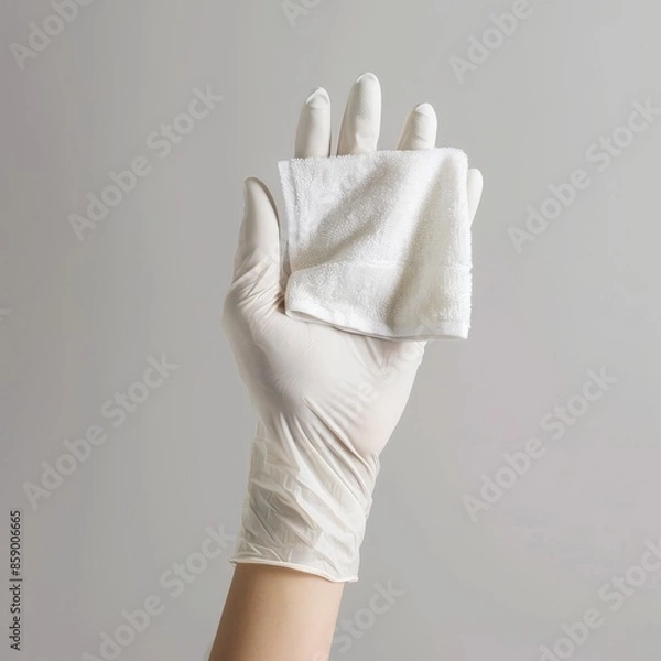 Fototapeta a photo of a gloved hand (medical glove) holding a white washcloth on white background --chaos 5 --style raw Job ID: b7f267d7-b830-4ceb-8843-3c9fc0a6a26e