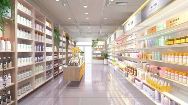 Fototapeta A modern and bright store aisle filled with neatly organized skincare and beauty products, reflecting a clean and welcoming shopping experience.