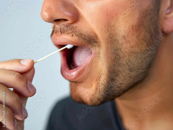 Fototapeta "Close-up of Man Using Cotton Swab on Tongue"