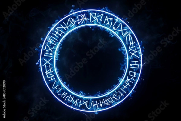 Obraz White magic runes on a circle. Spell effect with ancient fantasy writing on neon ring