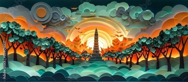 Fototapeta Exquisite paper art depiction of Vientiane's Patuxai, featuring the iconic war monument and surrounding park in a meticulously crafted and vibrant paper design. Illustration, Minimalism,