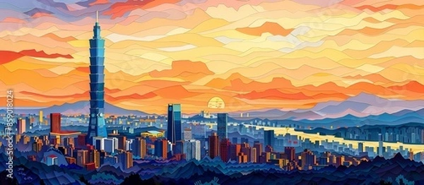 Fototapeta Intricate paper cut artwork of Taipei 101, showcasing the towering skyscraper against the backdrop of a bustling cityscape in a beautifully detailed and colorful style. Illustration, Minimalism,
