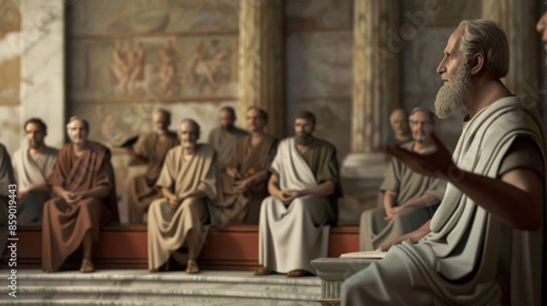 Fototapeta A serene gathering of ancient philosophers in a grand marble hall, engaged in thoughtful discussion under soft light.