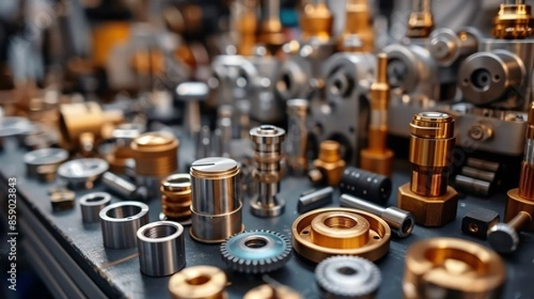 Fototapeta Close-up of various metal parts and components on a workshop table.