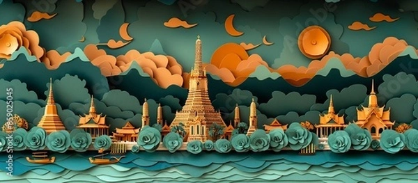 Fototapeta Immerse in the beauty of Bangkok with this intricate paper craft illustration, highlighting the city's iconic structures like Wat Arun and the vibrant life along the Chao Phraya River. Illustration,
