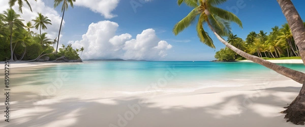Fototapeta Serene beach scene with crystal clear water and white sand, tropical palm trees swaying in the breeze, perfect paradise, seascape