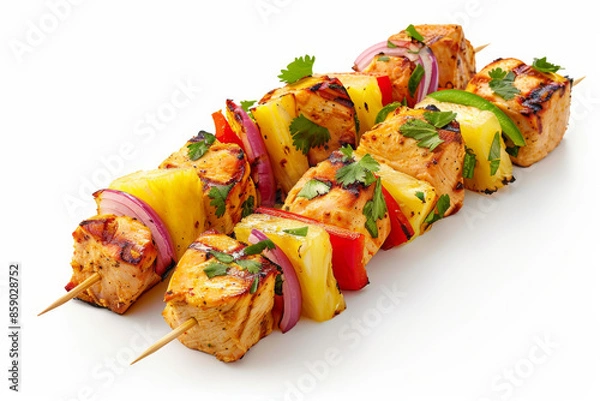 Obraz Skewers with pieces of pineapple, grilled chicken, red onion and paprika on white, copy space