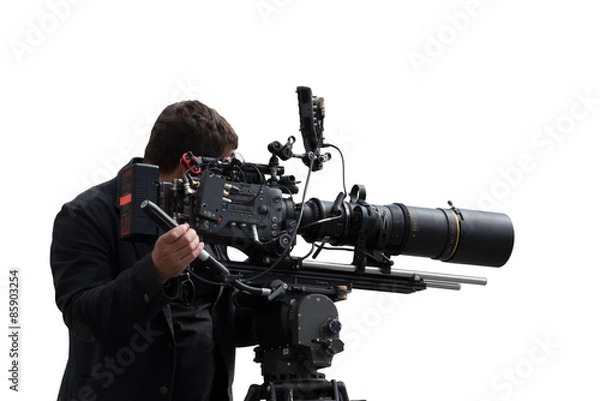 Obraz Isolated professional camera man filming a footage with the advanced filming set