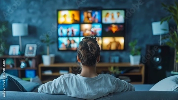Obraz Streaming service with AI suggestions person watching movies TV shows personalized recommendations banner with copy space