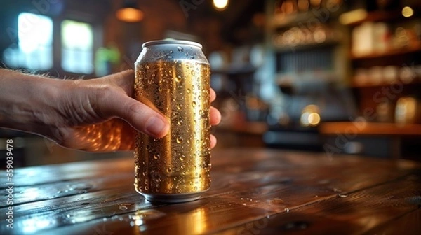 Obraz A hand reaches for a can of beer, condensation dripping down its sides