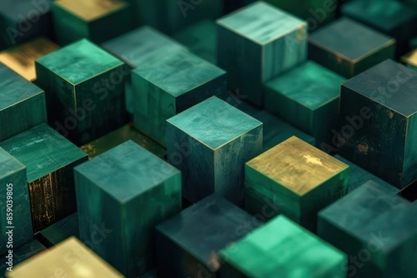 Fototapeta Abstract Background, 3D geometric cubes in deep emerald and topaz hues, with subtle gold accents, creating a mesmerizing and dynamic visual effect.