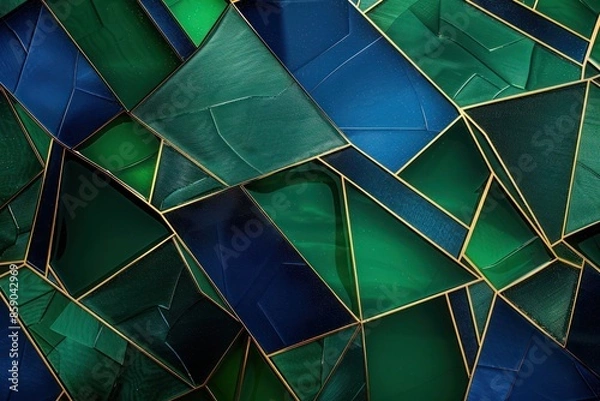 Fototapeta Abstract Background, 3D geometric shapes interlocking in deep emerald green and sapphire blue, accented with delicate gold lines
