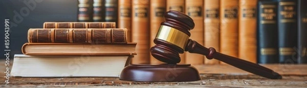 Fototapeta Law firm office with judge gavel and books sophisticated legal workspace banner with copy space